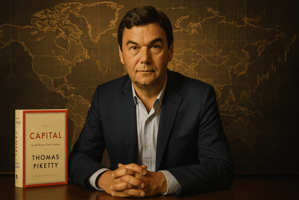 Retrato realista do economista francês Thomas Piketty em um terno azul-marinho, sentado à mesa com o livro "Capital no Século XXI" ao lado e um mapa-múndi dourado ao fundo.