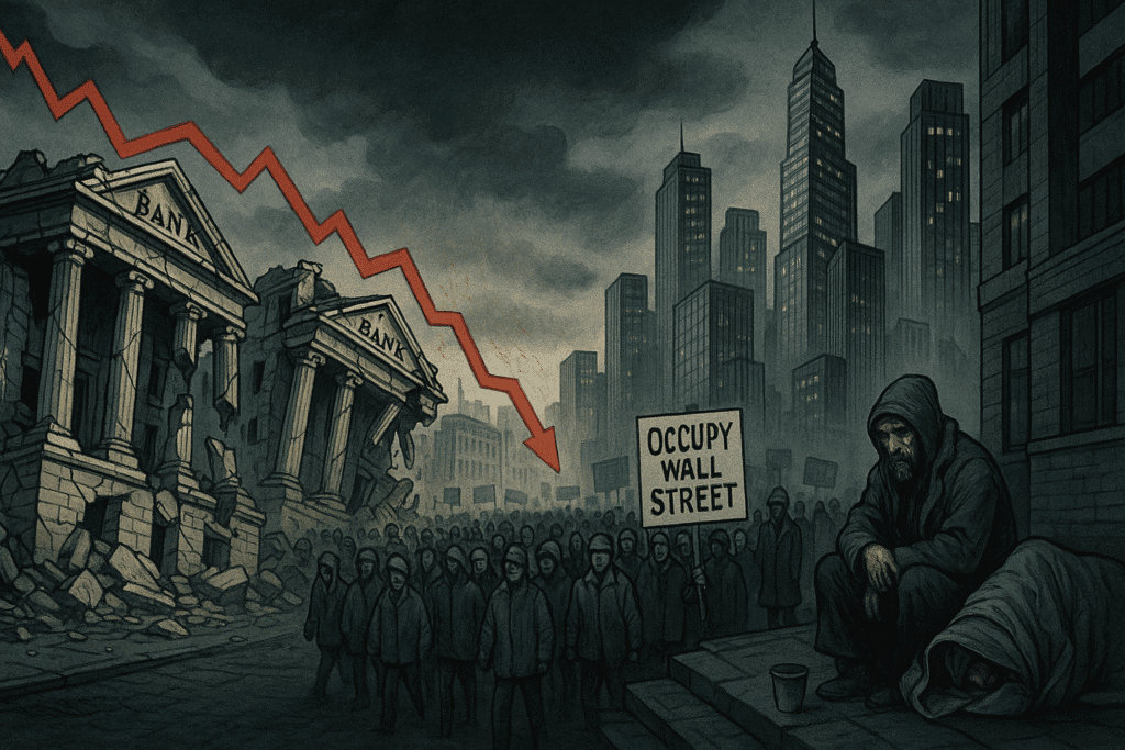 Ilustração editorial sombria com prédios de bancos em ruínas, uma multidão de manifestantes com placas "Occupy Wall Street", uma linha vermelha descendente e arranha-céus ao fundo.
