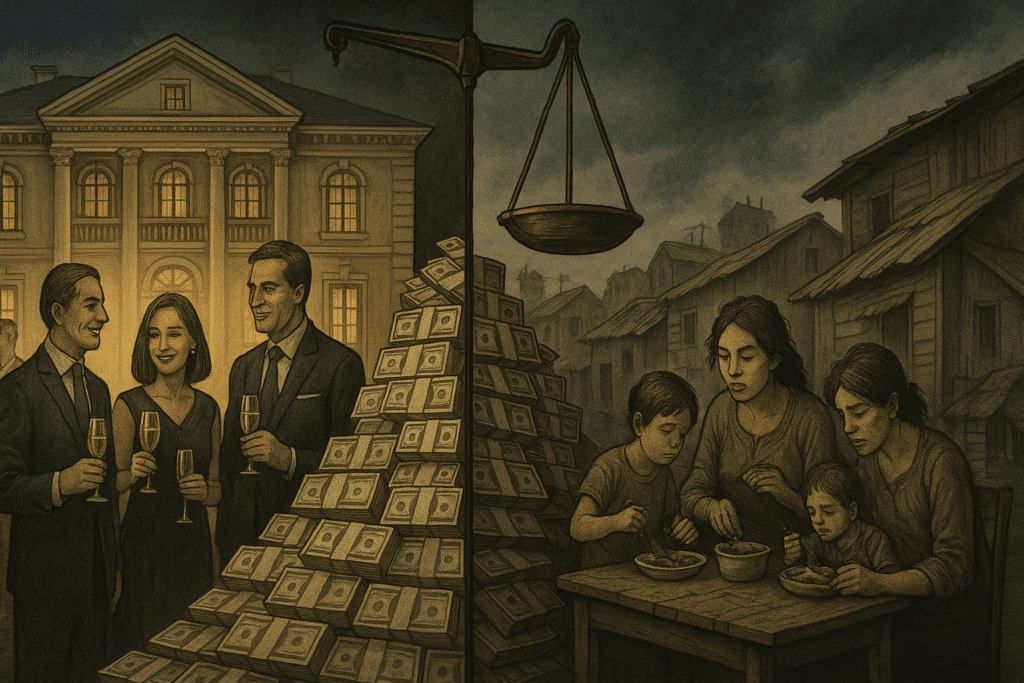 Ilustração realista dividida ao meio: à esquerda, uma mansão luxuosa com pessoas elegantes brindando com champanhe; à direita, uma família pobre tentando comer em meio a casas precárias; no centro, pilhas de dinheiro e uma balança inclinada.