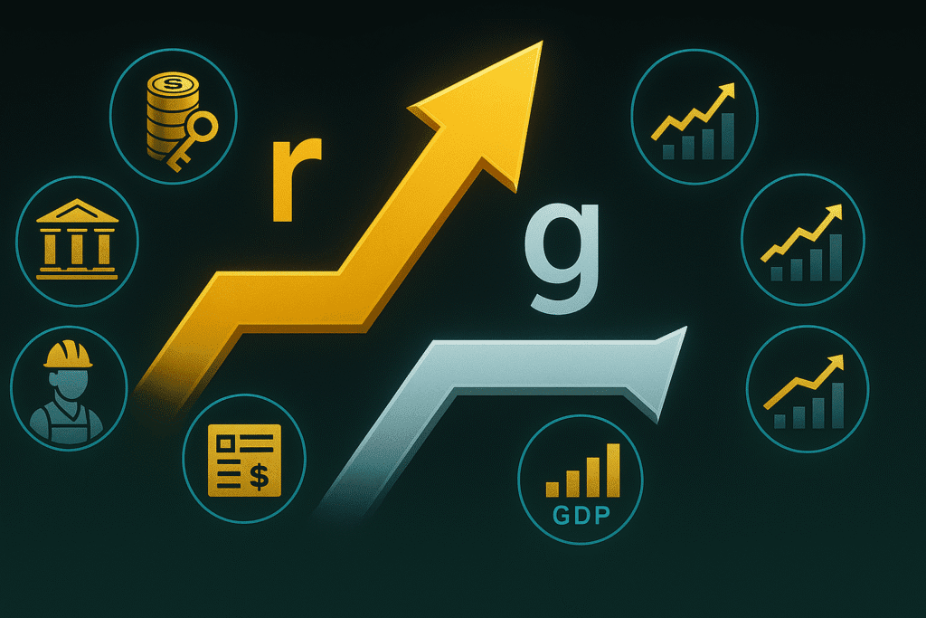 Infográfico futurista com fundo escuro mostrando uma seta dourada rotulada como “r” subindo, enquanto uma seta prateada “g” cresce lentamente. Ao redor, ícones como herança, ações, salários e PIB.